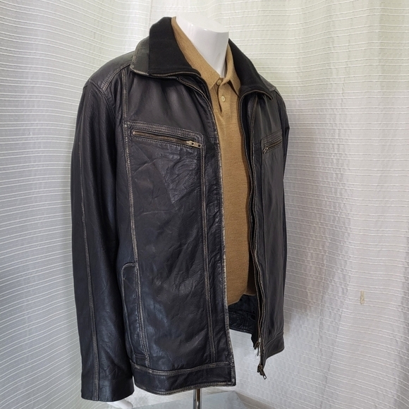 TRANSMISSION Distressed Leather Jacket Collared Removable Lining Black Men's L - Picture 16 of 16